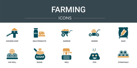 Wall Mural - set of 10 outline web farming icons such as chicken coop, milk products, barrow, mower, sack, hay ro