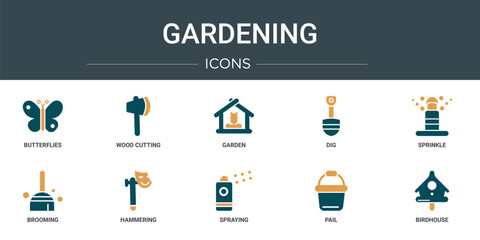 Wall Mural - set of 10 outline web gardening icons such as butterflies, wood cutting, garden, dig, sprinkle, broo