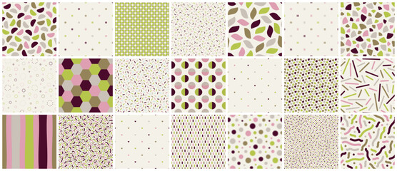 Poster - Collection of vector seamless colorful patterns. Cute repeatable delicate backgrounds. Trendy textile design. Minimalistic unusual prints
