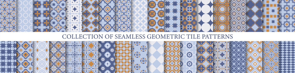 Wall Mural - Collection of colorful seamless geometric tile mosaic patterns. Decorative elegant ornamental backgrounds. Vector repeatable symmetric prints