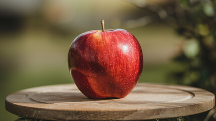 Wall Mural - Close-up of a fresh red apple on a wooden table, symbolizing natural freshness, healthy eating, and farm produce in a natural outdoor setting