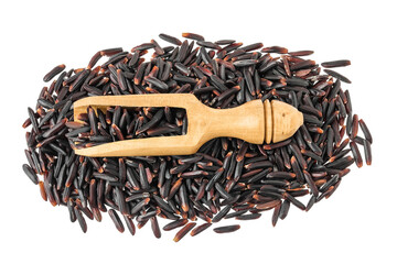 Wall Mural - Black wild rice in wooden scoop isolated on white background close up. Top view. Flat lay