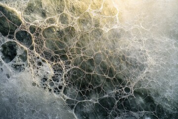 Intricate spiderweb glistening with morning dew, a delicate network of threads against a dark background.