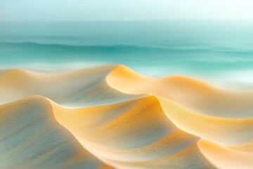 Wall Mural - Golden sand dunes meet a tranquil turquoise sea under a soft, hazy sky.