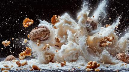 Walnuts exploding in a cloud of flour
