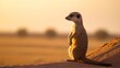 © Kasivat - Meerkat standing on sand during sunset.