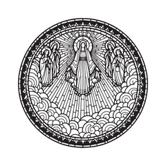 minimalist mosaic outline depiction of the assumption of mary celebration within a simple arc window