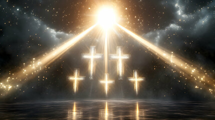Wall Mural - a celestial vision of the heavens opening, radiant beams of light shining down on three glowing cros
