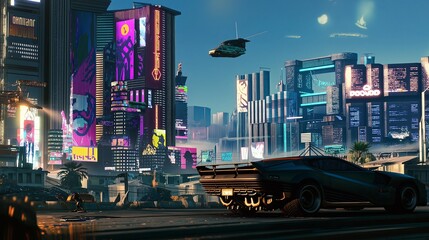 Wall Mural - A cyberpunk city skyline with flying cars at night