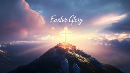 Wall Mural - a magnificent mountaintop view with a glowing cross, 