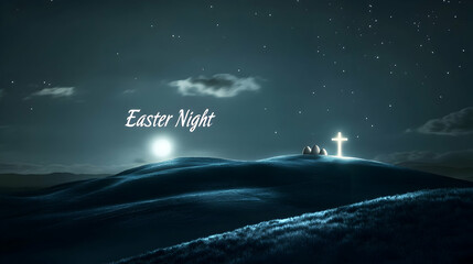 Wall Mural - a moonlit landscape with a glowing cross on a distant hill, 