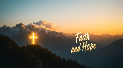 Wall Mural - a peaceful mountain landscape at dawn, with a glowing cross and 