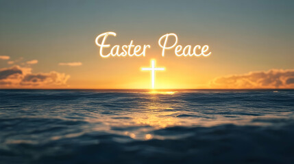 Wall Mural - a serene ocean sunset with a glowing cross appearing over the horizon, 