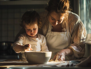 Wall Mural - A woman and a child enjoying cooking together in soft light