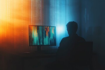 Wall Mural - A shadowy figure intently studies lines of code on a computer screen, illuminated by a vibrant digital backdrop.
