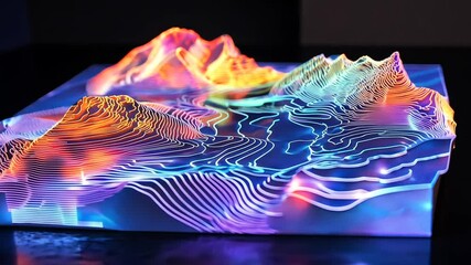 Abstract topographic landscape with illuminated contour lines, showcasing colorful 3D mountain ranges