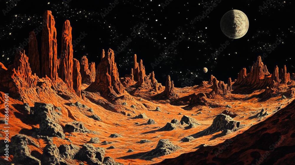 Cartoon alient planet surface with red stones. Vector illustration of ...
