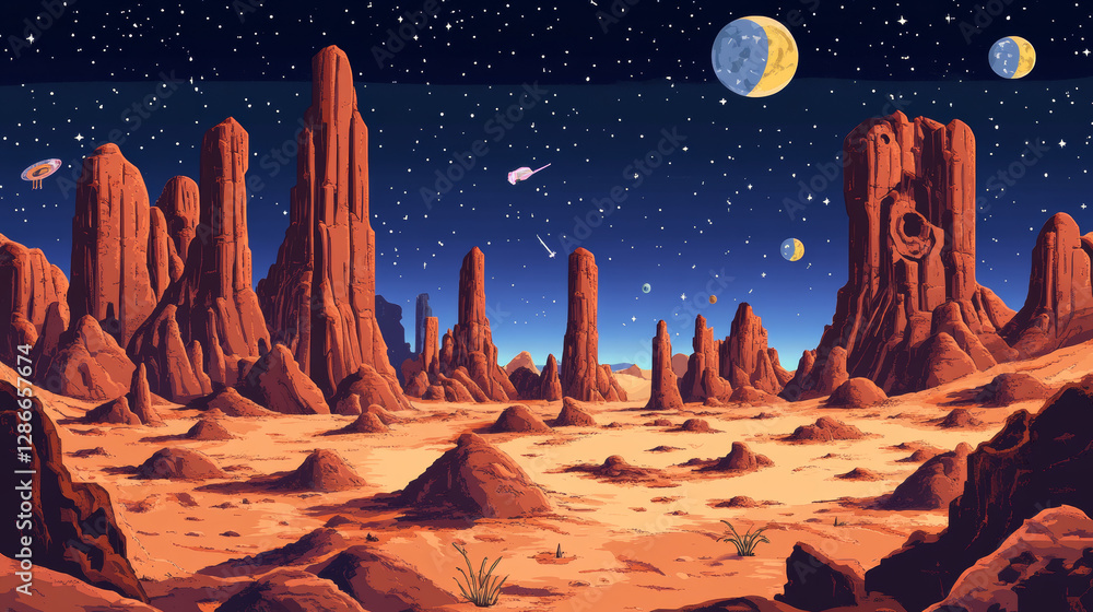 Cartoon alient planet surface with red stones. Vector illustration of ...