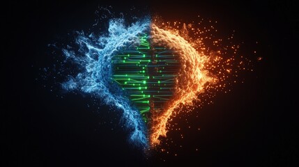 Wall Mural - computer chip with glowing green and orange design and blue green network lines in futuristic detail