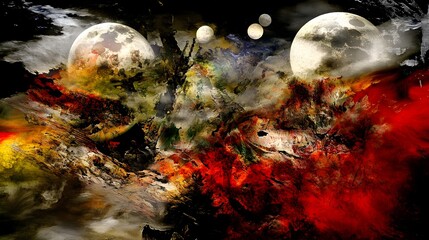 Wall Mural - Dynamic Abstract Composition Featuring Dual Moons and a Vibrant Cosmic Explosion of Color