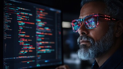 Man wearing glasses focused on computer screen while coding as a software developer in modern workspace