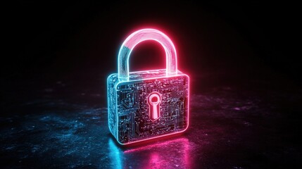 Wall Mural - futuristic neon padlock with glowing effect and electronic circuit design on dark background