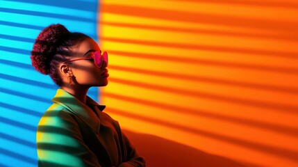 Woman in yellow jacket and sunglasses poses against colorful wall with female silhouette drawing