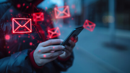 sms spam, fake text message phishing from scammer concept, system hacked red warning alert, email ha