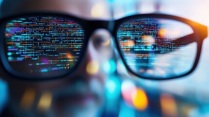 Focused older individual wearing glasses working on a computer with code displayed on the screen