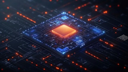 Wall Mural - computer chip with glowing orange light and padlock icon in digital data streams background