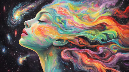 Wall Mural - colorful painting of a womans face with vibrant hair and tulips in a cosmic space background