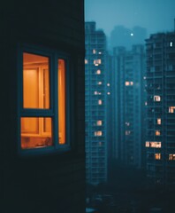 Wall Mural - A stunning nighttime cityscape featuring tall buildings illuminated against a dark sky, with a glimpse of a window reflecting urban life.