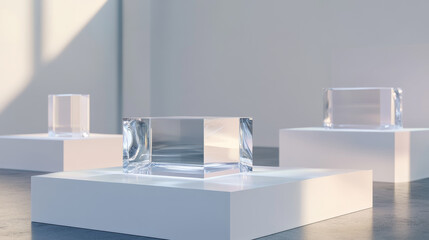 Glass showcases, display, exhibit stand, transparent boxes front view on white wood or plastic base. Crystal block, exhibition or award podium, isolated glossy object, Realistic 3d vector illustration