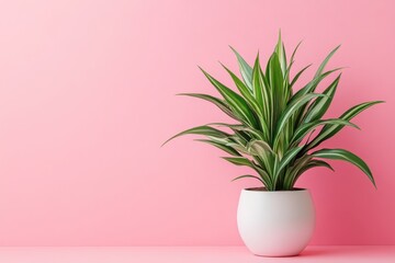 Wall Mural - A vibrant green plant is elegantly positioned in a white pot, contrasting beautifully against a soft pink surface.