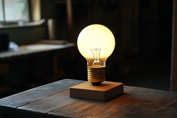 Wall Mural - Modern Lamp With Glowing Bulb Placed on a Wooden Surface in a Dimly Lit Space