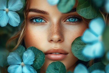 Wall Mural - Portrait of young woman standing among the green tree leaves