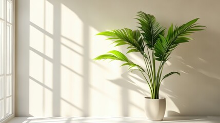 Wall Mural - A vibrant green plant in a decorative pot is positioned near a sunlit window, enhancing the room's natural ambiance and aesthetic appeal.