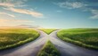 © SBAPNA - Concept of choice with crossroads spliting in two ways, decision, direction, dilemma, pathway, options, select ,