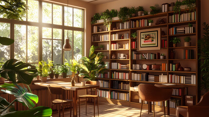 Wall Mural - Cozy Corner Sanctuary: An inviting library corner bathed in soft, natural sunlight, overflowing with lush plants and filled with the allure of knowledge and serenity. 