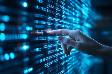 Wall Mural - binary data processing and big data analysis. digital data analyzing technology. analyst touching nu