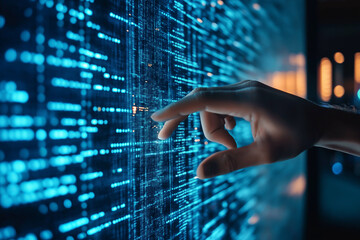 Wall Mural - binary data processing and big data analysis. digital data analyzing technology. analyst touching nu