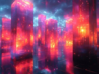 Sticker - Glowing Red Cityscape Reflecting Vivid Neon Light. AI Generated