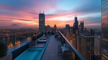 Wall Mural - A rooftop view of a sprawling metropolis at sunset