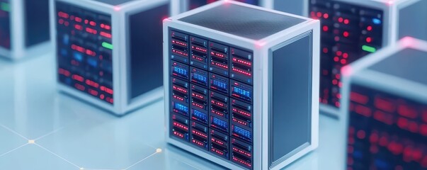 A modern array of data storage units with glowing indicators, showcasing advanced technology and sleek design in a futuristic setting.
