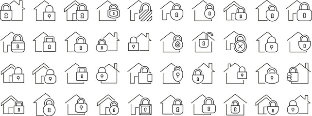 Wall Mural - pack of line icons of house with lock. minimalistic linear pictogram for web and graphic design, app
