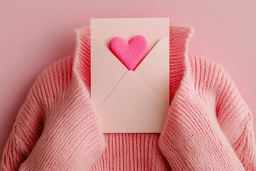 Wall Mural - A person gently holds a pink heart nestled within a pristine white envelope, symbolizing love and affection in a delightful presentation.