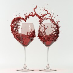 Leinwandbilder - Celebrating Love with Red Wine: Two Glasses Clinking in a Heart-Shaped Splash