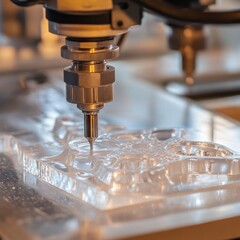 Aufkleber - CNC milling machine precisely carving a complex design into a clear acrylic sheet. The close-up showcases the cutting process in detail.
