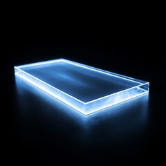 Aufkleber - Glowing Blue Edge Lit Acrylic Display Block on Black Surface, Modern Product Showcase with Futuristic Design.