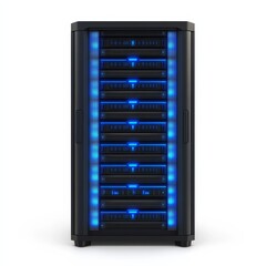 Poster - High-performance server rack with blue LED indicators, showcasing data center infrastructure and processing capabilities.
